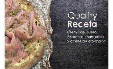 Quality Receta: Crema de Queso, Mozzarella, Pistacho picado, Mortadela y Aceite de Albahaca